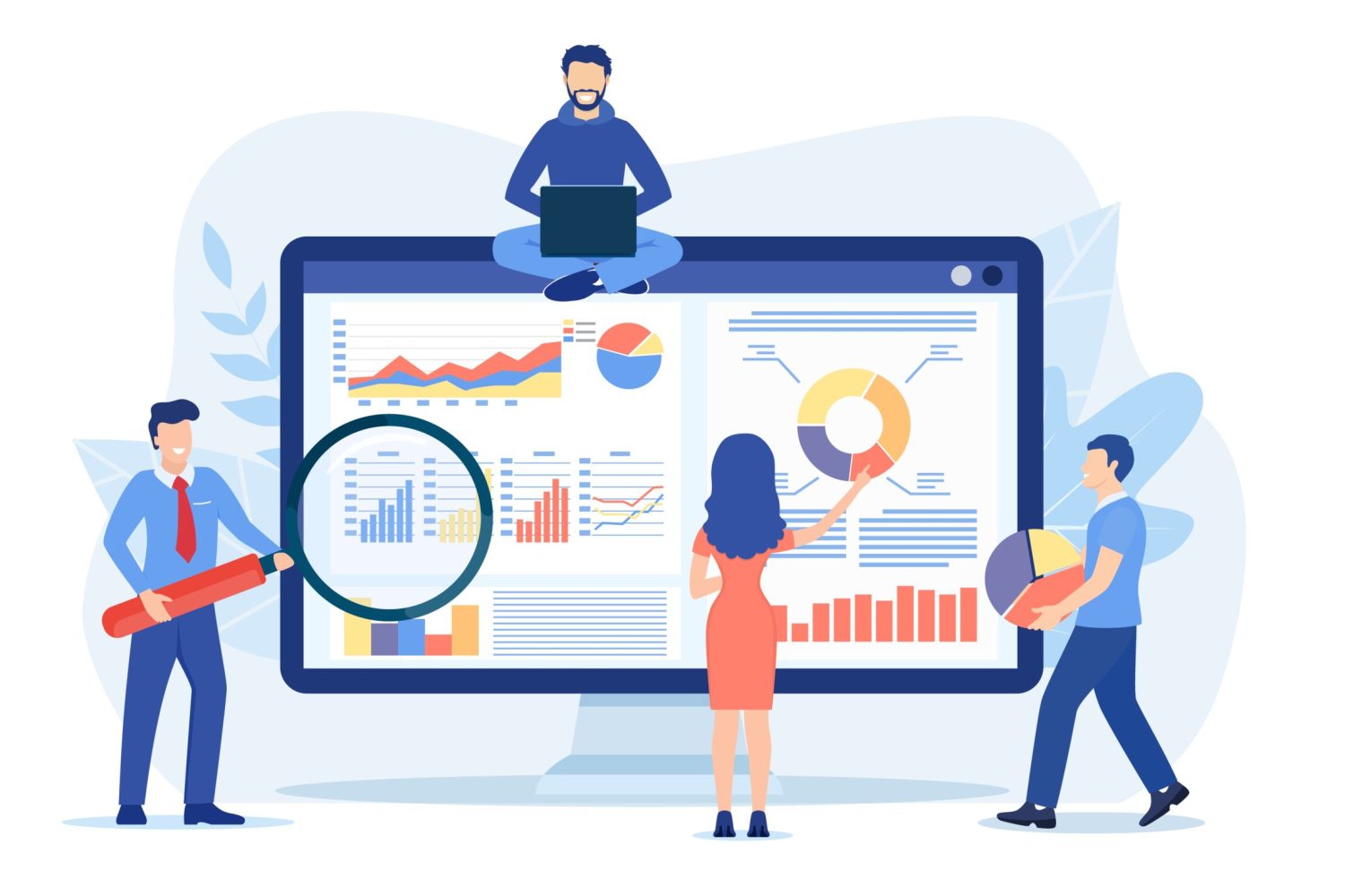 Data analytics, dashboard and business finance report. business people working for data analytics and monitoring on web report. business finance investment concept. Vector illustration in flat style