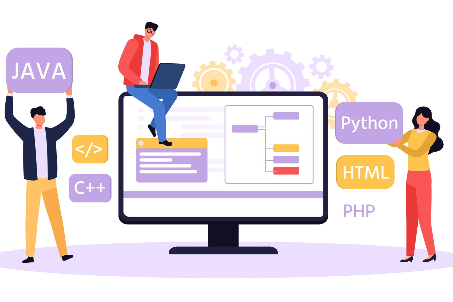 Programmer and designer developing website. Software developer writing python, java, html code. Man working on laptop, colleagues helping. Male and female characters teamwork, creating website vector